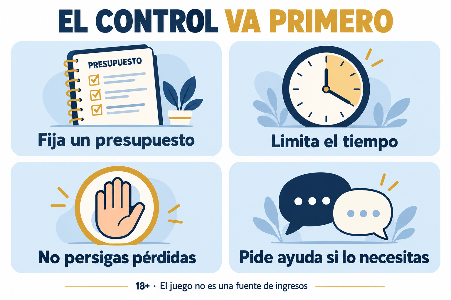 Control del juego: presupuesto, tiempo, evitar perseguir pérdidas y pedir ayuda